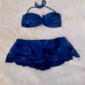 ROBIN PICCONE Swim Blue Ruffle Skirt Bikini and Bandeau Tie Back Top 2 Pc Set M